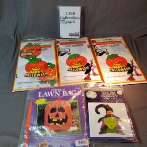 ephemera Vtg halloween party decor lot: 3 plastic tablecloths, pumpkin lawn bag,